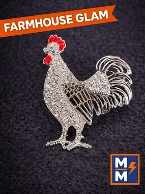 Sparkly Silver Rooster Pin Crystal Rhinestone Farmhouse Statement Brooch